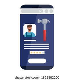 man cartoon with construction hammer in smartphone design of working maintenance workshop and repairing theme Vector illustration
