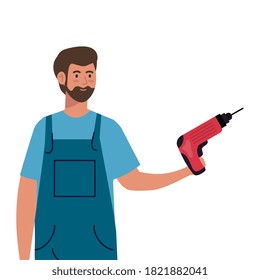 Handkartoon mit Konstruktion und Bohrdesign der Werkstatt und Reparatur Thema Vektorgrafik