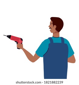 man cartoon with construction overall and drill design of working maintenance workshop and repairing theme Vector illustration