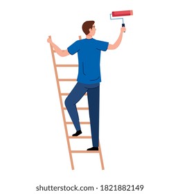 man cartoon with construction paint roll on ladder design of working maintenance workshop and repairing theme Vector illustration