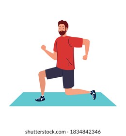 Dibujo de un hombre haciendo ejercicio sobre diseño de alfombras, deporte y construcción de cuerpos. Ilustración vectorial