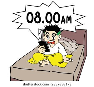 Man cartoon enjoy sleeping and when he woke up, he found It's almost work time.