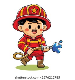 Man Cartoon Firefighter holding Water Hose