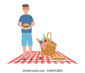 Man cartoon having picnic design