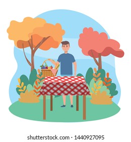 Man cartoon having picnic design