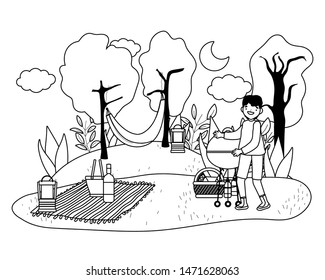 Man cartoon having picnic design