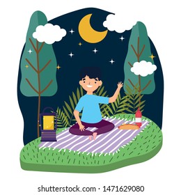 Man cartoon having picnic design