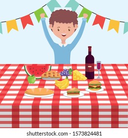 Man cartoon having picnic design, Food party summer outdoor leisure healthy spring lunch and meal theme Vector illustration