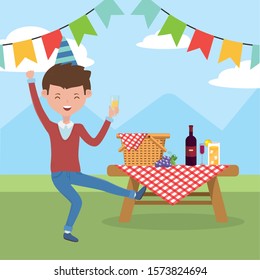 Man cartoon having picnic design, Food party summer outdoor leisure healthy spring lunch and meal theme Vector illustration