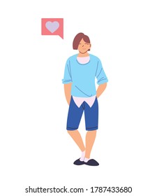 Man Cartoon mit Herz-Blase-Design, Junge männliche Person Menschen menschlichen sozialen Medien und Portrait Thema Vektorgrafik