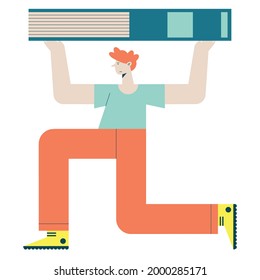 Man cartoon holding book on white background