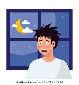 man cartoon with insomnia in front of window with moon design, sleep and night theme Vector illustration