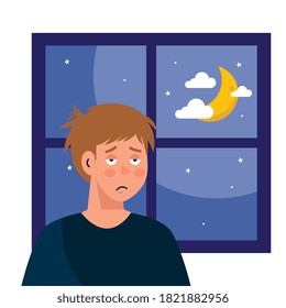 caricatura masculina con insomnio frente a la ventana con diseño lunar, sueño y tema nocturno Ilustración vectorial