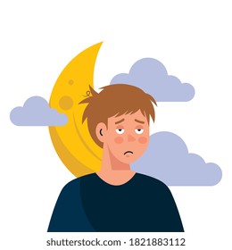 man cartoon with insomnia moon and clouds design, sleep and night theme Vector illustration