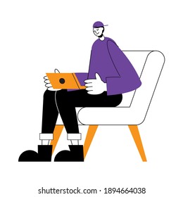 man cartoon on chair with laptop design, Digital technology and communication theme Vector illustration