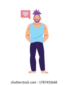 Man cartoon with purple hair and heart bubble design, Boy male person people human social media and portrait theme Vector illustration