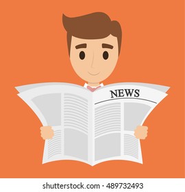 Man cartoon reading newspaper icon. News communication and media theme. Colorful design. Vector illustration