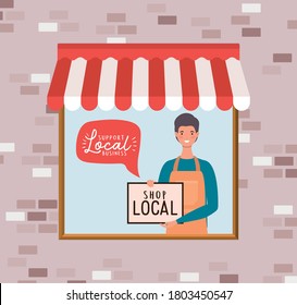 Man cartoon with shop local banner in store design of retail buy and market theme Vector illustration