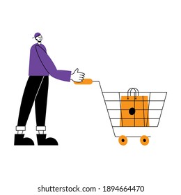 Man cartoon with shopping bag in cart design of commerce and market theme Vector illustration