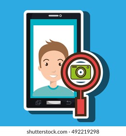 man cartoon smartphone camera search
