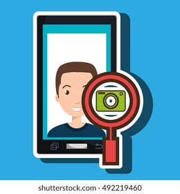 man cartoon smartphone camera search