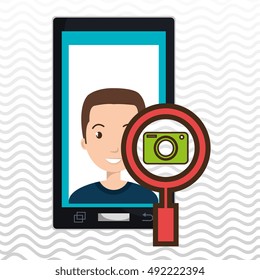 man cartoon smartphone camera search
