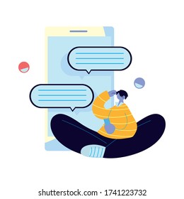 Caricatura masculina con chat de smartphones y diseño de burbujas, chat de mensajes y tema de comunicación Ilustración vectorial