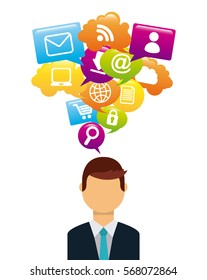 man cartoon with social media icons around over white background. colorful design. vector illustration