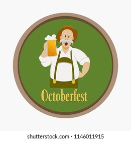A man in a cartoon style in national dress with a glass of beer in his hand depicted on a beer glass stand. Oktoberfest.