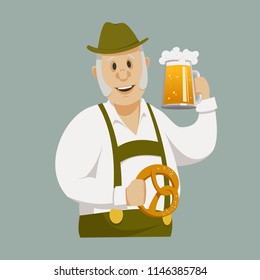 A man in a cartoon style in national dress with a glass of beer and a pretzel in his hands. Oktoberfest.