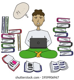 A man in a cartoon style is studying or working with books and a laptop, working and studying remotely vector illustration