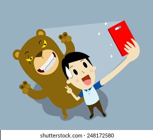man cartoon taking a self portrait with smart phone. vector character illustration,