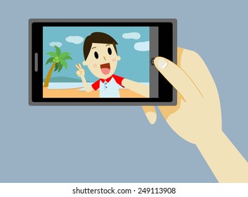 man cartoon taking a self portrait with smart phone. selfie cartoon character  vector