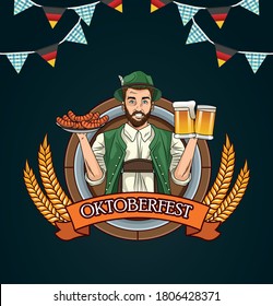 man cartoon with traditional cloth beer glasses and sausages design, Oktoberfest germany festival and celebration theme Vector illustration