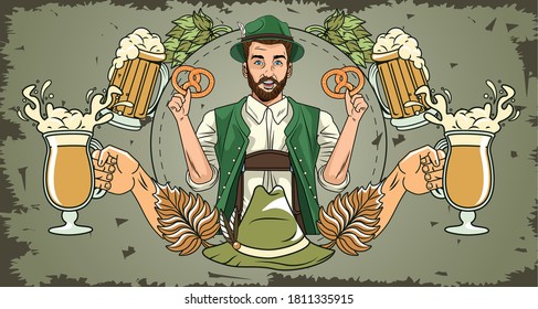 man cartoon with traditional cloth beer glasses and hat design, Oktoberfest germany festival and celebration theme Vector illustration