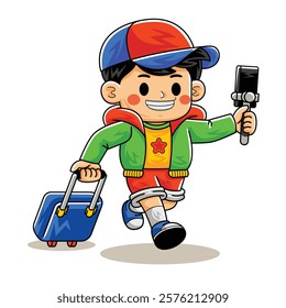 Man Cartoon Traveller Recording Vlog Video