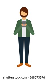 man cartoon using smartphone over white background. colorful design. vector illustration