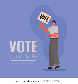 Man cartoon with vote banner on purple background design, Vote elections day and government theme Vector illustration
