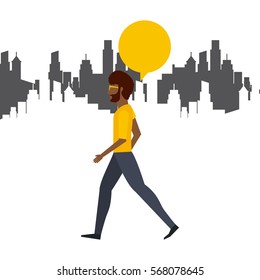 man cartoon walking over city background. colorful design. vector illustration