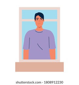man cartoon at window design, Boy male person people human social media and portrait theme Vector illustration