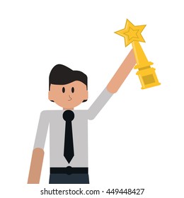 man cartoon winner traphy champion isolated vector illustration