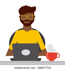 man cartoon working on a computer over white background. colorful design. vector illustration