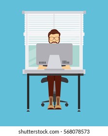 man cartoon working on a computer over blue background. colorful design. vector illustration