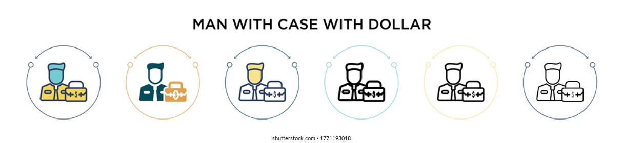 Hombre con estuche con icono de dólar en estilo relleno, delgado, contorno y trazo. Ilustración vectorial de dos hombres de color y negro con estuche con iconos vectoriales en dólares se puede usar para móviles, ui, 