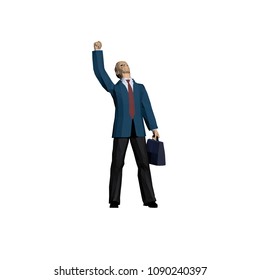 The man with the case is looking up and raised his hand up. The success of a businessman. Vector illustration. 3D.