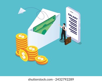 Man with cash and online salary payment 3d isometric vector illustration