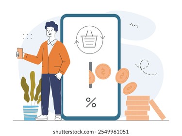Man with cashback. Young guy near smartphone with gold coins. Discounts and promotions, special offer. Prizes and gifts for regular customers. Linear vector illustration isolated on white background