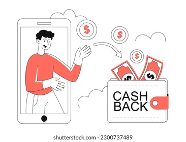 Man with cashback. Young guy on smartphone screen near wallet with gold coins and banknotes. Prizes and special offer for regular customers. Marketing and discount. Linear flat vector illustration