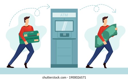 Ein Mann schneidet Geld an einem Geldautomaten. Ein kleiner Mann mit Kreditkarte. Ein winziger Mann mit Banknoten. Vektorgrafik zum Thema Bargeld und bargeldloses Geld.