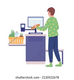 Man at cashless checkout semi flat color vector character. Standing figure. Full body person on white. Supermarket isolated modern cartoon style illustration for graphic design and animation